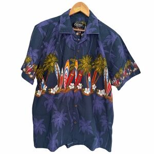 Favant l Blue Surfboards Palm Trees Hibiscus Tropical Surfboard Print Shirt XL